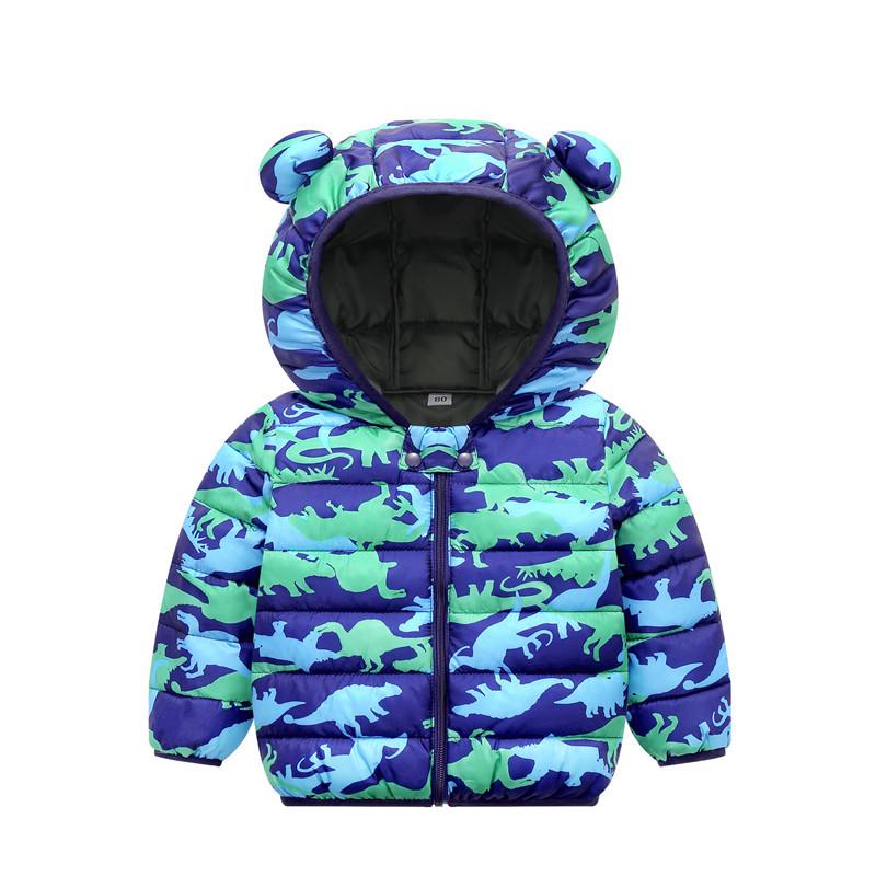 Children's Outerwear Autumn Winter 1-5 Years Baby Boy and Girl Hooded Lightweight Down Warm Jacket   Cartoon Dinosaur Zipper Coats Christmas