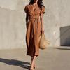 2026 New European and American Cross-border Independent Station Foreign Trade, Casual Simple Solid Color Lace-up V-neck Pocket Medium and Long Dress