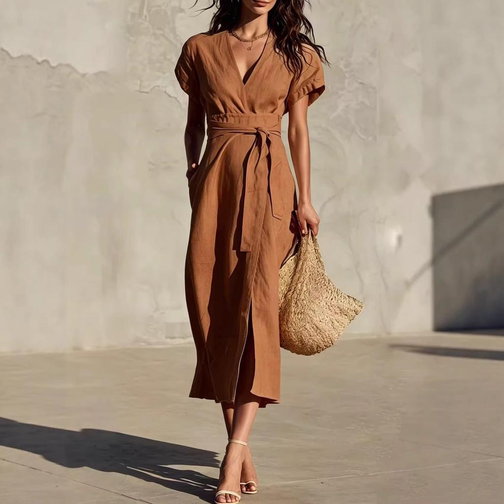 2026 New European and American Cross-border Independent Station Foreign Trade, Casual Simple Solid Color Lace-up V-neck Pocket Medium and Long Dress