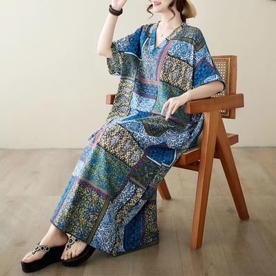 DIMANAF 2024 Plus Size Dress Women Summer V-Neck Sundress Bohemian Floral Print Loose Big Oversize Maxi Dress 9051
