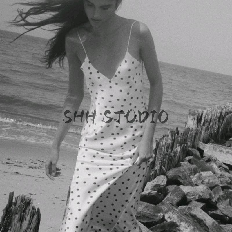 Summer Women's Clothing Open Back Design Patchwork Lining V-Collar Polka Dot Silk Satin Texture Midi Skirt Dress 3067214