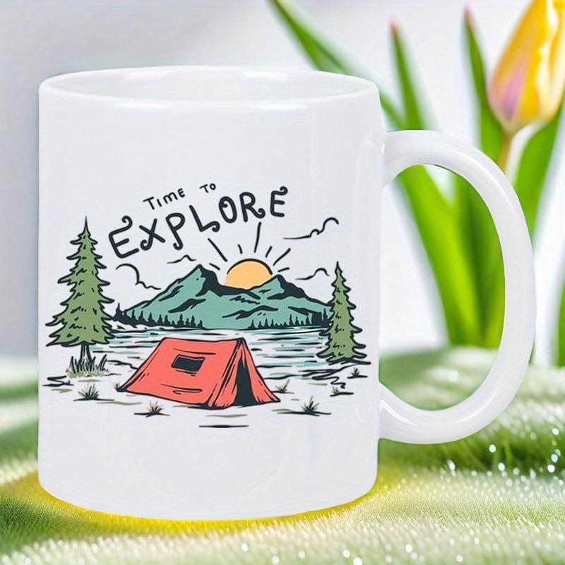 Time to Explore Adventure Mug - Camping Cup with Mountain, Pine Trees & Tent Design, Inspirational Outdoor Coffee Cup for Camper 320ml