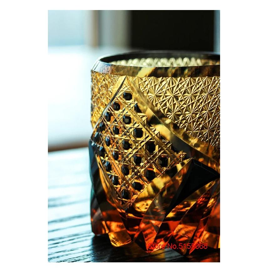 Japanese Black Warrior Armor Edo Kiriko Whisky Rock Glass Amber Crystals Whiskey Cup High-end Wine Glass Hand Cut Brandy Snifter