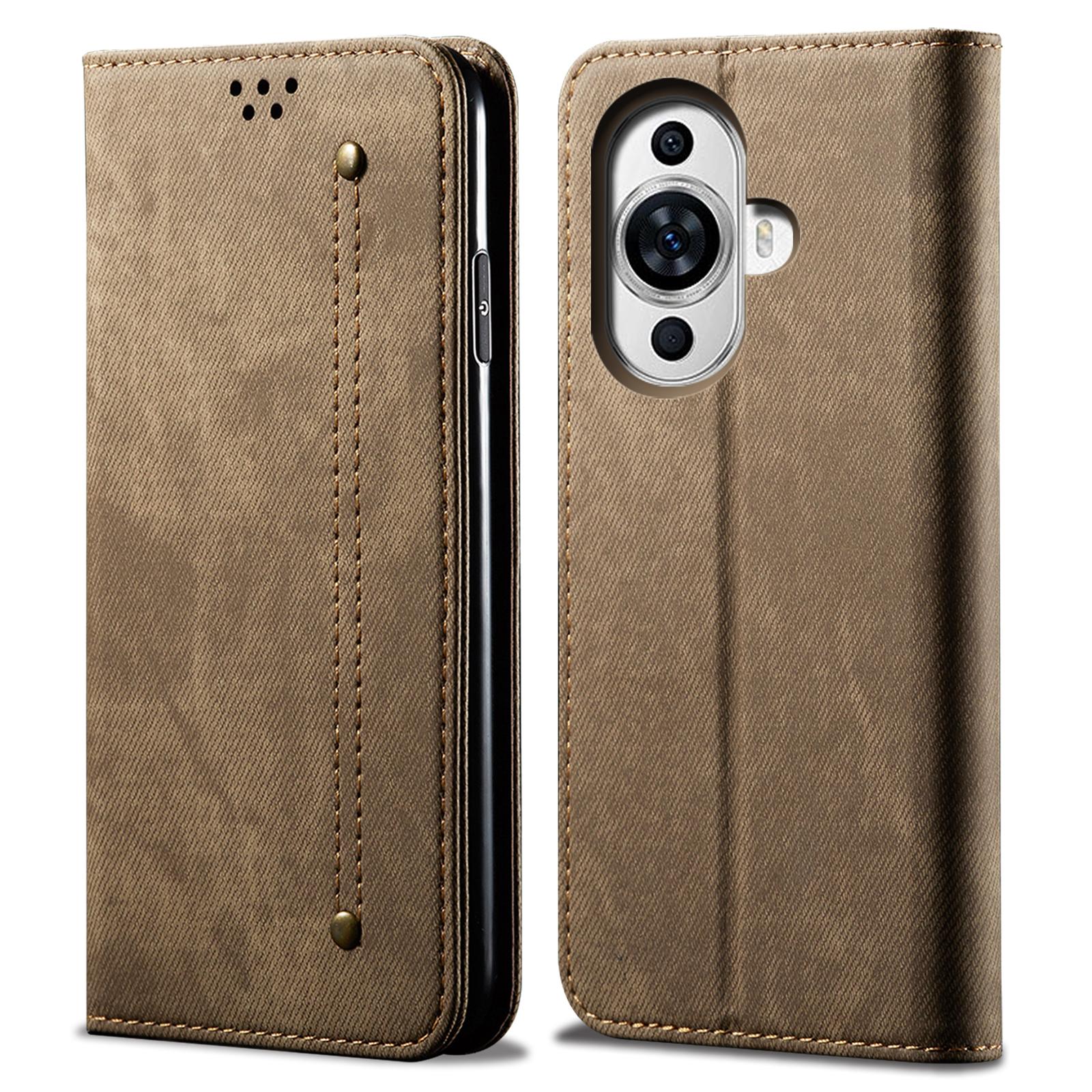 

For Huawei nova 11/nova 12s 4G/nova 12 Lite 4G Wallet Stand Phone Case PU Leather Jeans Cloth Texture Phone Cover Khaki