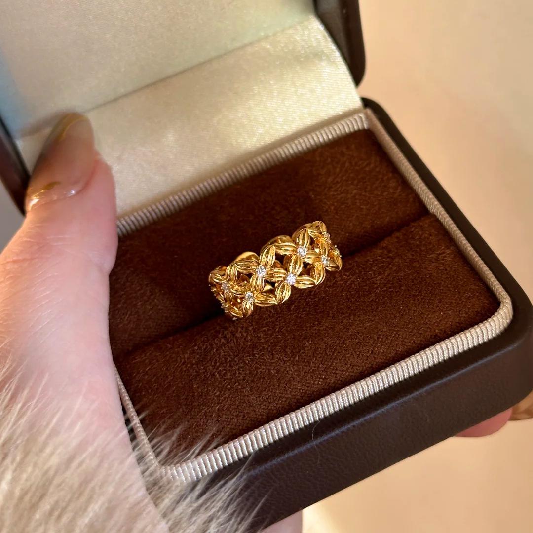 18k Gold Plated Zirconia Hollow Round Finger Ring - High-End Court Style Jewelry