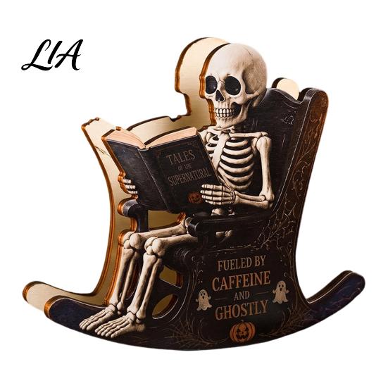 Handcrafted Wooden Halloween Gift Rocking Chair Ghost/Skeleton Ornament, Desktop Decoration, Dynamic Party Table Centerpiece Spooky Ghost Figurine for