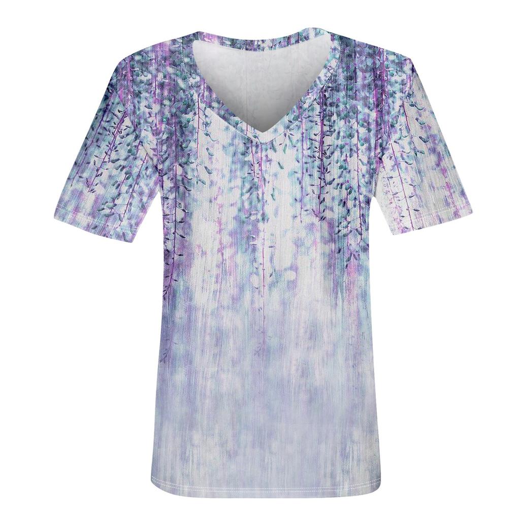 Short Sleeve Womens Tops  Floral Print Vintage Fashion Casual Loose With V Neck Plus Size Shirts