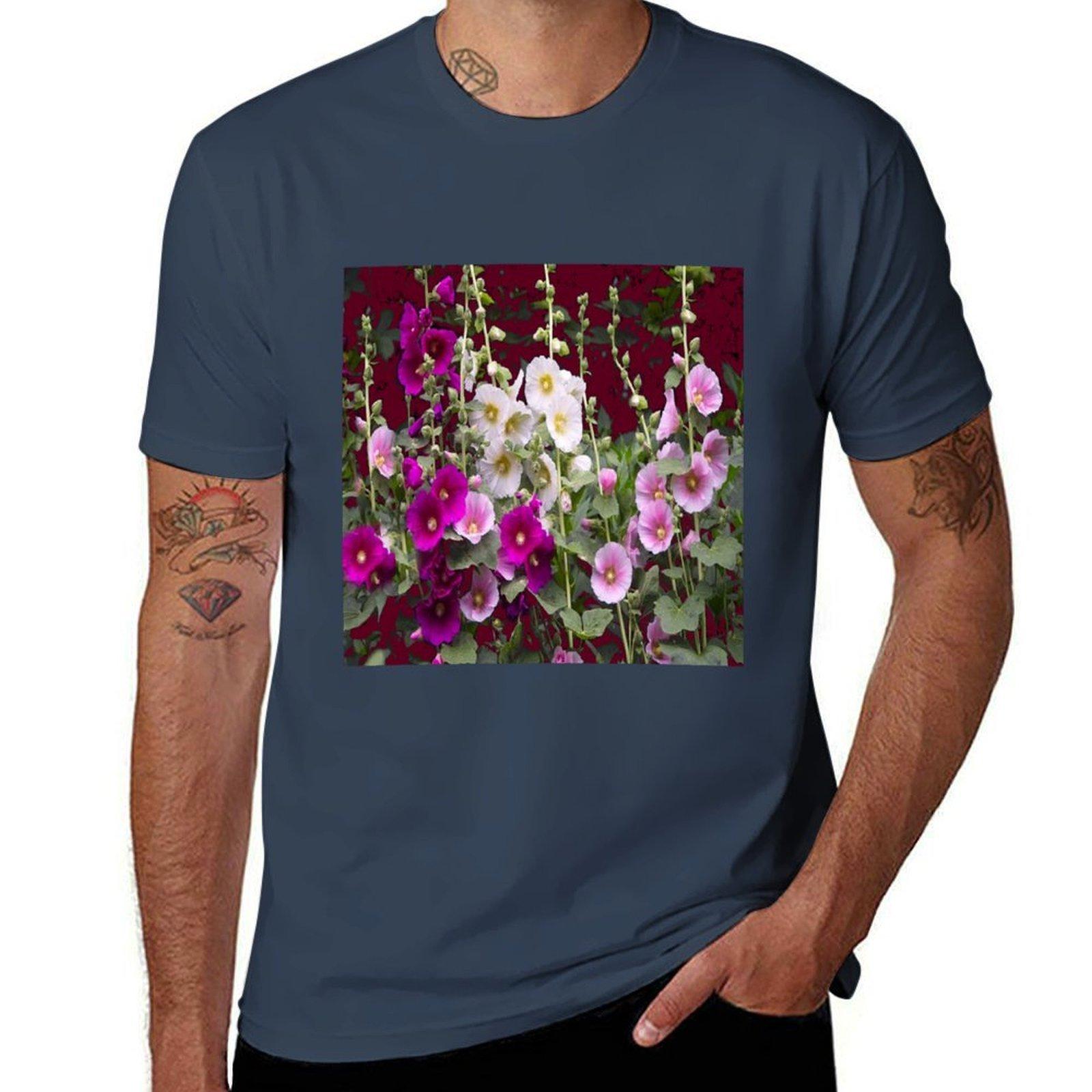 

PURPLEPINK HOLLYHOCKS FLORAL GARDEN TShirt Soft Casual Short Sleeve Cotton Tee S