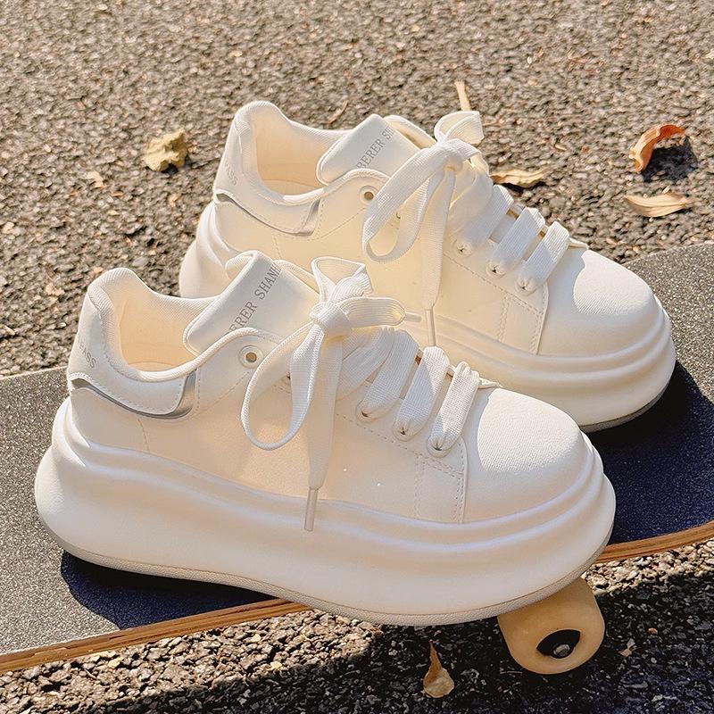 Women's White Platform Velcro Shoes - 2025 Spring/Autumn Style, Height-Increasing, Thick Sole, Casual & Versatile