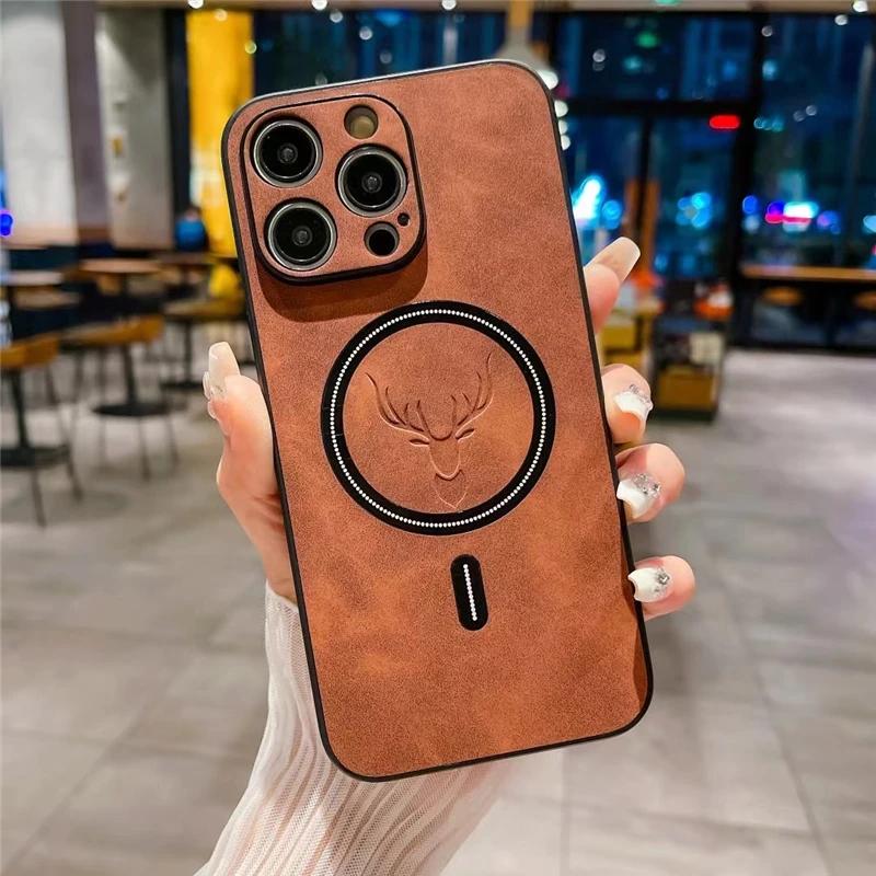 Magnetic For Wireless Charge Phone Case For iPhone 16 15 14 13 12 11 Pro Max Deer Head Leather Magnetic Soft Shockproof Cover