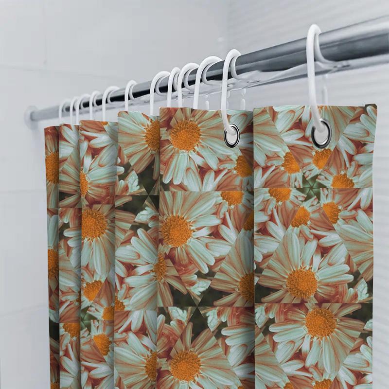 Floral Print Shower Curtain Waterproof Fabric Bathroom Decor For Home Decoration White Orange Flowers Pattern, Size180X240Cm (70