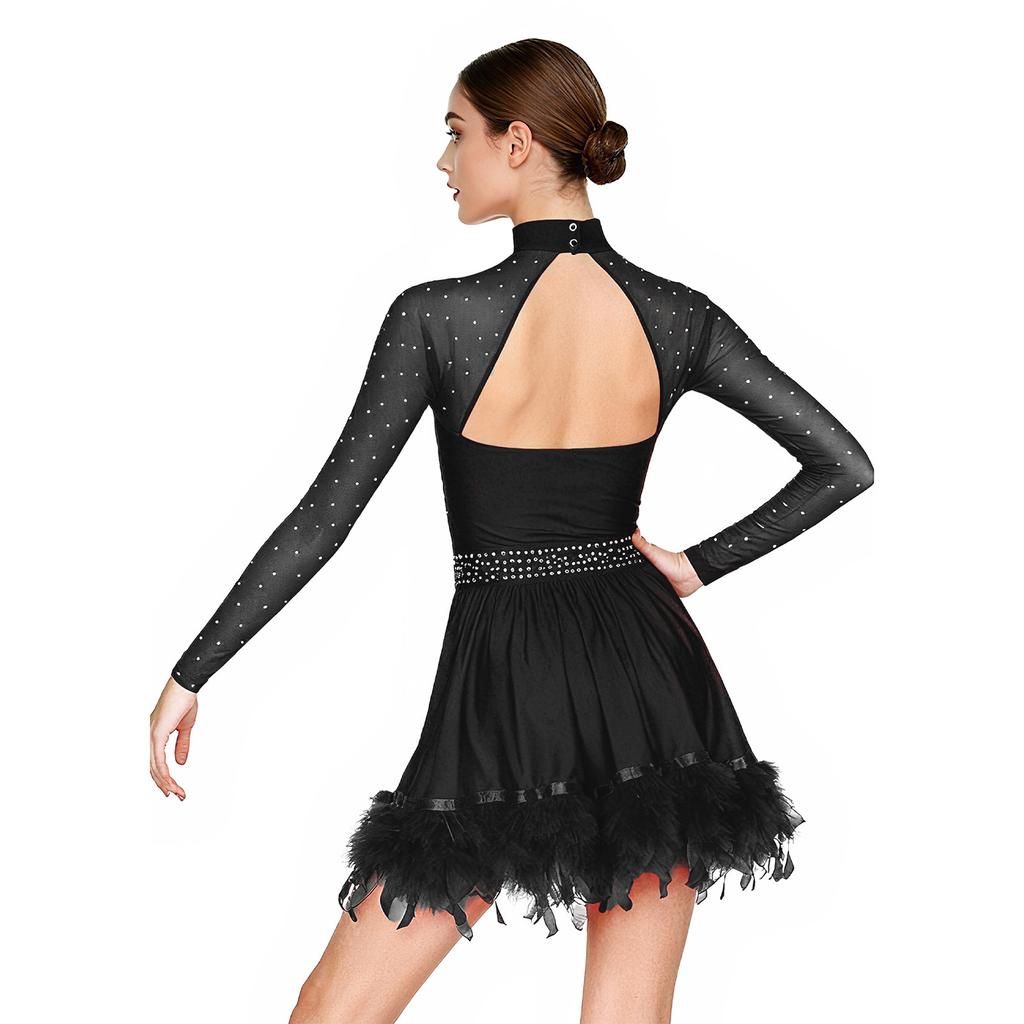 Dámské výkonnostní taneční šaty s péřovým lemem, zdobené kamínky, falešným výstřihem, průsvitnými síťovanými rukávy a vestavěnými kalhotkami