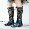 Johnature Genuine Leather Long Boots Women Shoes Handmade Retro Printed Color Matching Lace Up Mid-calf Boots