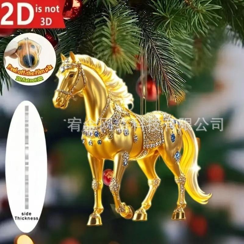 2D Christmas Tree Horse Ornaments Xmas Metallic Rhinestones Horse Christmas Hanging Horse Ornaments Gifts Home Decoration