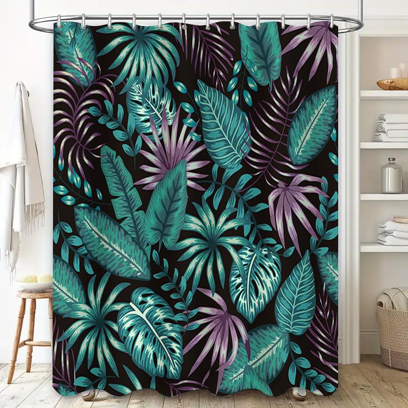 Greenery Shower Curtain Jungle Leaf Print Fabric Bath Rug With Rings For Home Decor