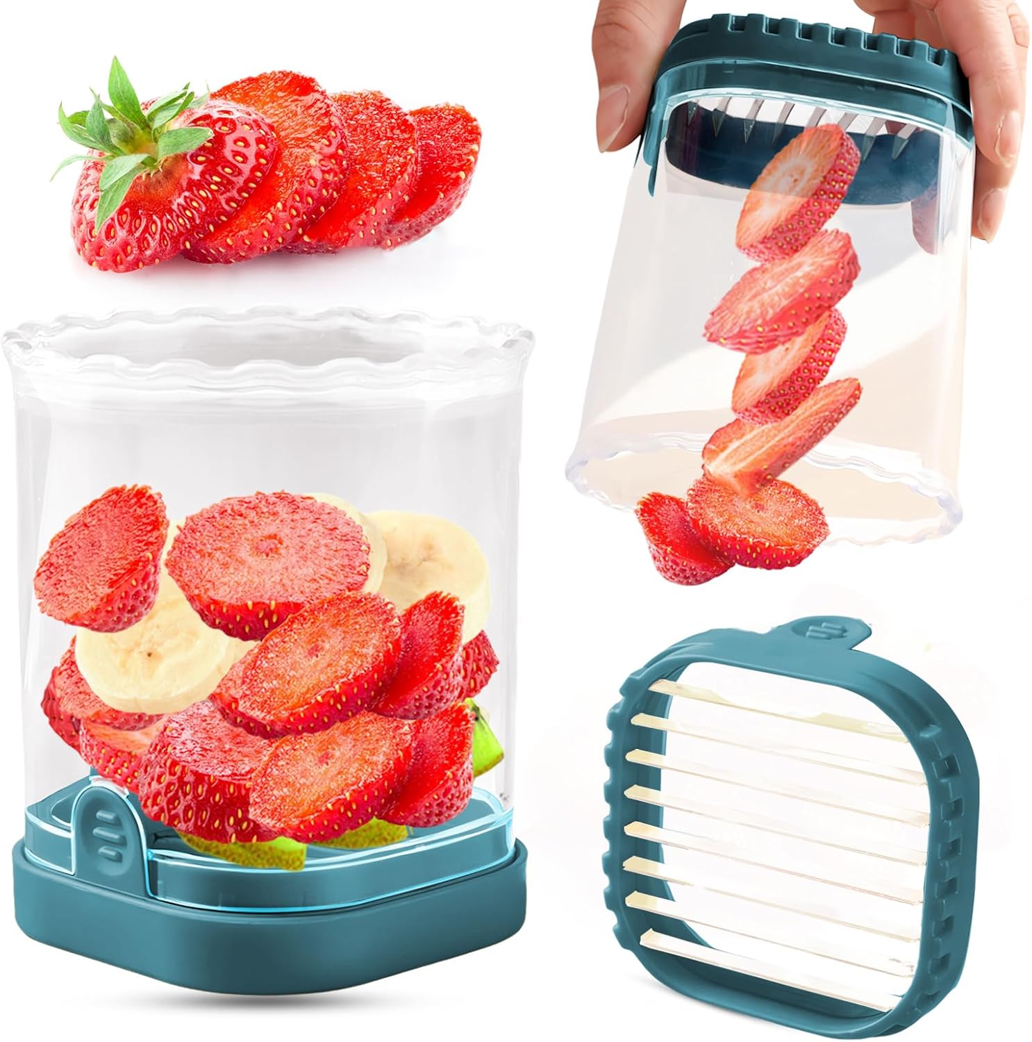 Trancheuse à fruits fraises créative - Coupeur détachable avec plateau poussoir (Bleu sarcelle foncé) United States