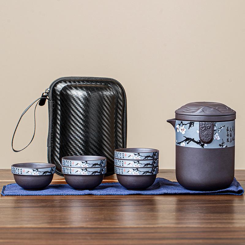 Zisha High-End Travel Tea Set Portable One Pot Six Cups Special Outdoor Camping Kung Fu Tea Brewing Tea Cups