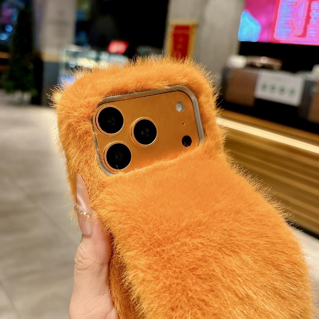 For iPhone 17 Pro Solid Color Fluffy Phone Case Winter Warm Hand Strap TPU Cover
