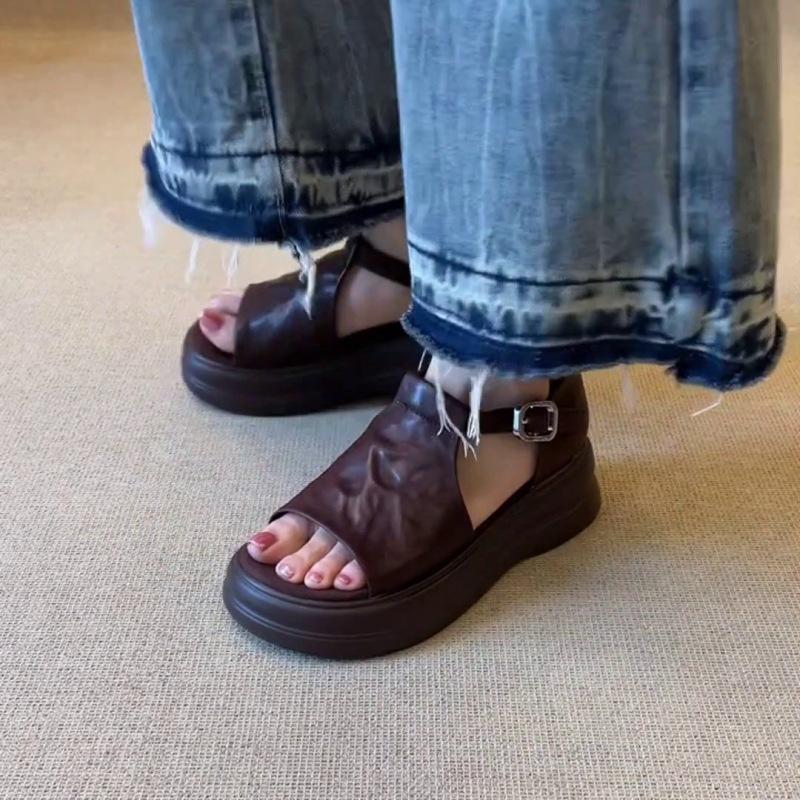 Comfort~ Retro Word with Casual Heightening Platform Sandals Women's Summer New Flat-bottomed Roman Sandals