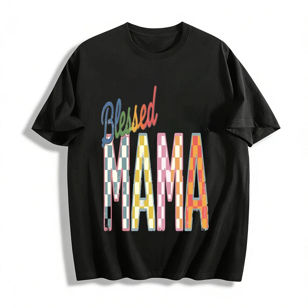 Vintage Checkerboard Blessed Mama Graphic Casual Top Pure cotton T-shirt XXS