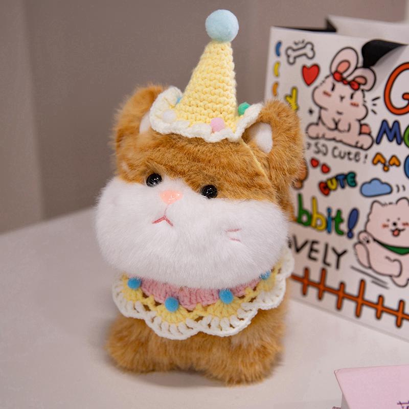 Cute Big Face Cat With Birthday Hat Fruit Cake Snack Bib Decor Kawaii Grey Orange Cats Kittens Plushie For Kids Birthday Gift