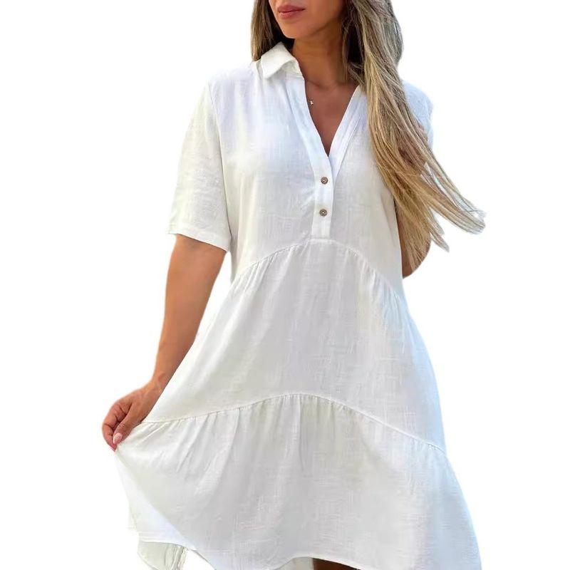 Loose Solid Color Lapel Casual Dress Loose Solid Color Polo Collar Casual Dress