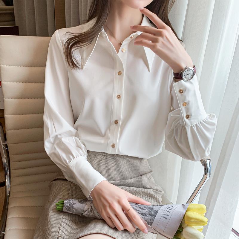 

2025 Satin White Chic Metallic Textured Chiffon Shirt: In-Stock Fashionable Commuter Design Extra Large белый