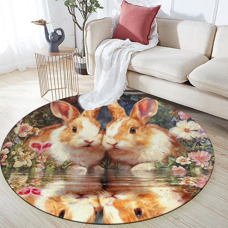 Two Rabbits pattern round rug,Carpet Rug for Living Room Bedroom Playroom ,Non-slip Floor Mat,Holiday Gifts and Birthday Gifts.