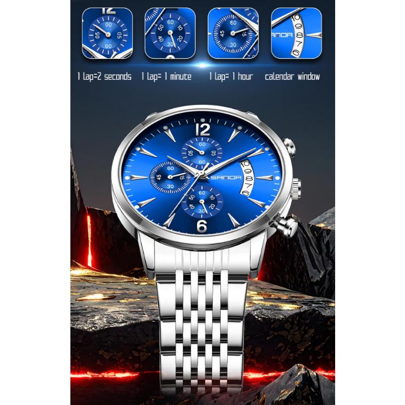SANDA Fashion Men Chronograph Wristwatches Stainless Steel Waterproof Luminous Man Watch Date Quartz Business Men's Watches