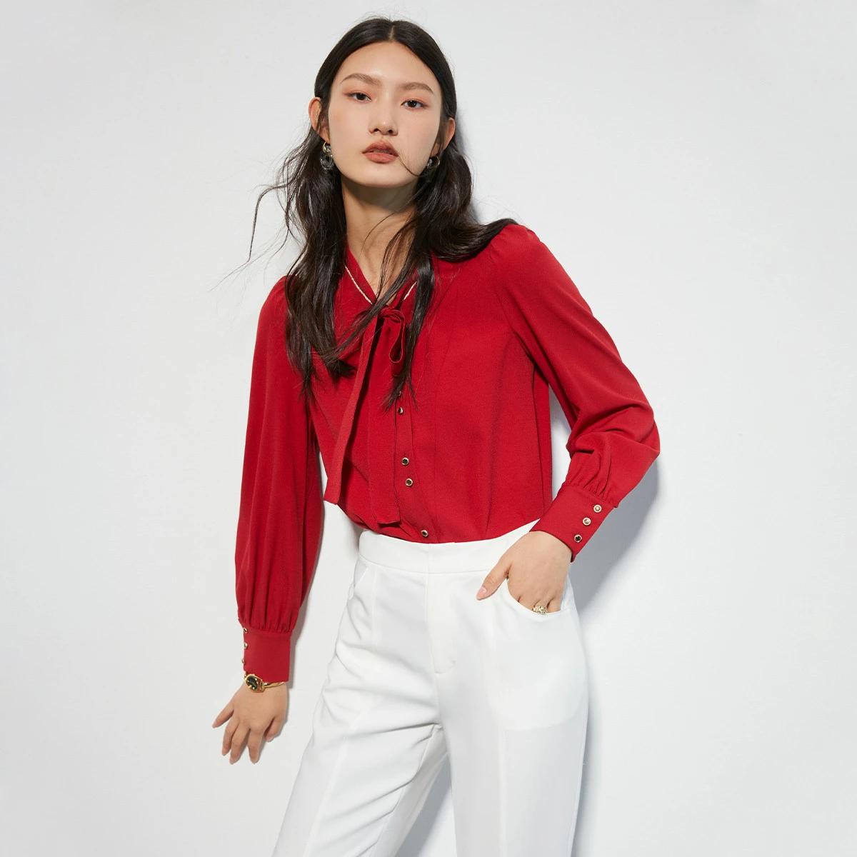 

Fashion Shirt Women s Long-sleeved Tie-neck Loose Design Button Splicing Top S червоний