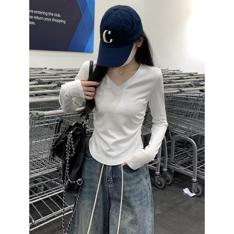 Simple Style Collar Pure White Shoulder Long-sleeved T-shirt Women's Autumn Pleated and Thin Spice Girl Inner Bottoming Shirt