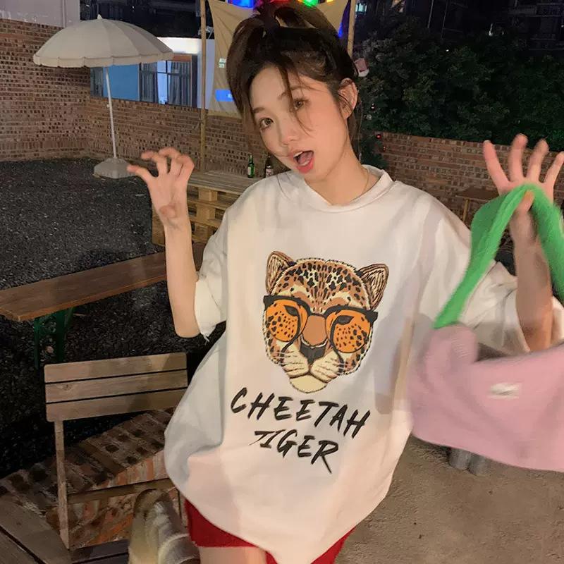 Tiger Print Medium-length Short-sleeved T-shirt for Women New Casual Loose Half-sleeved Top for Summer