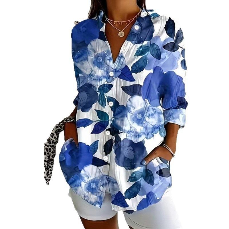European and American 1D Digital Printing Stand-up Collar Long-sleeved Shirt Women's Loose Hawaiian Style Vacation Casual Top Trend