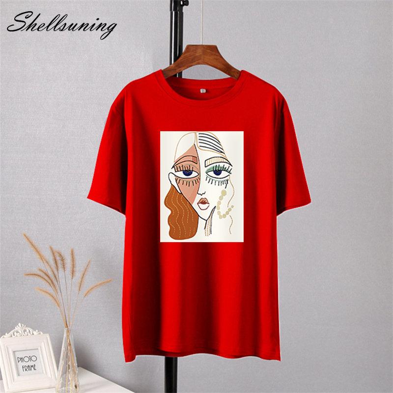 Shellsuning Summer Retro Character Printed T Shirts Women Korean Graphic Trendy Tees Loose Casual Short Sleeve Female Tops