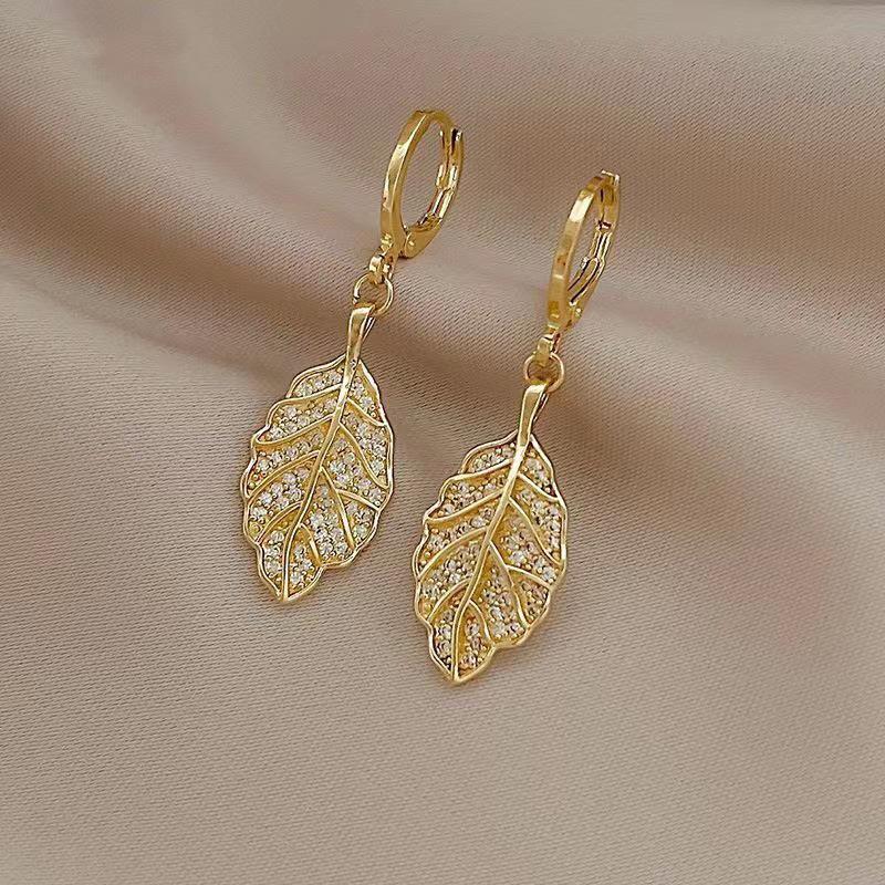 Golden Leaf Earrings: Women's Fashion Micro-Inlaid Zircon Earrings with Jade-Like Leaves