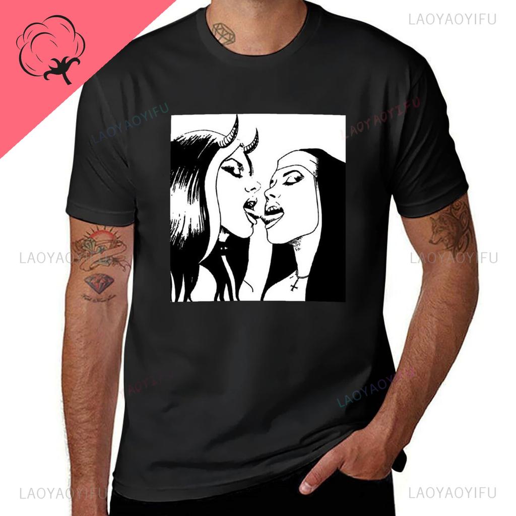 Sexy Bad Nun Lesbian Kiss Nun Bondage Satanic BDSM Cotton TShirt Funny Customs Harajuku Shortsleev Graphic Printed Tshirt