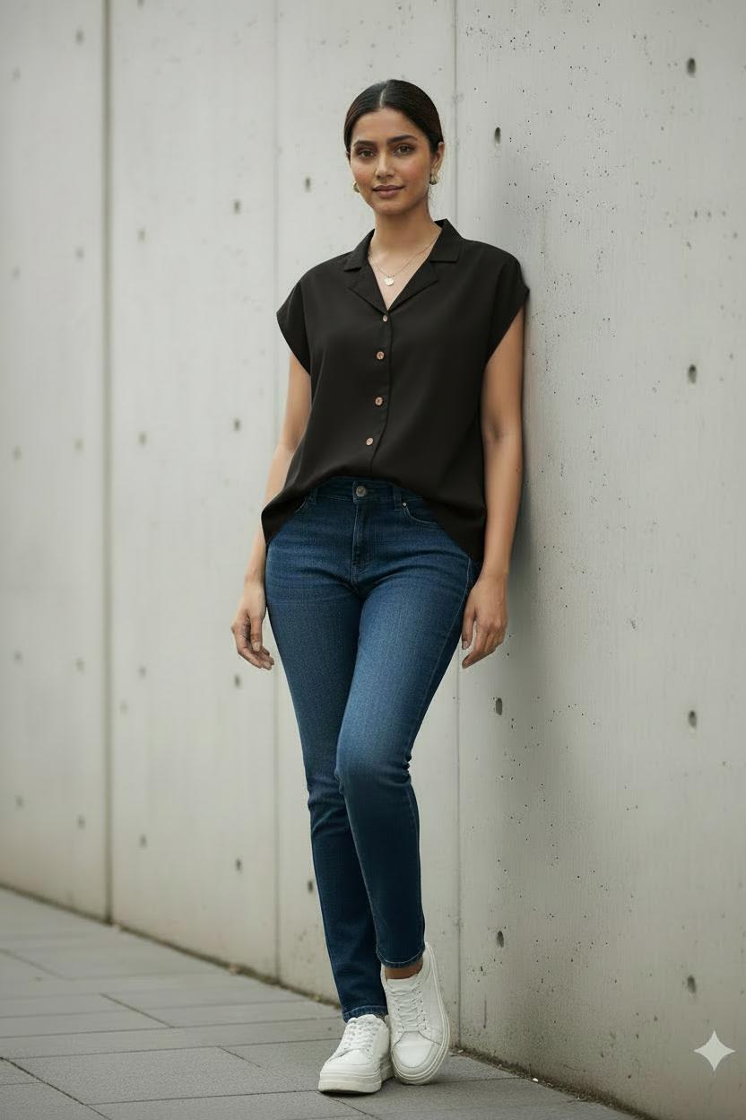Midnight Black Notch Collar Drop Shoulder Shirt 34 чёрный