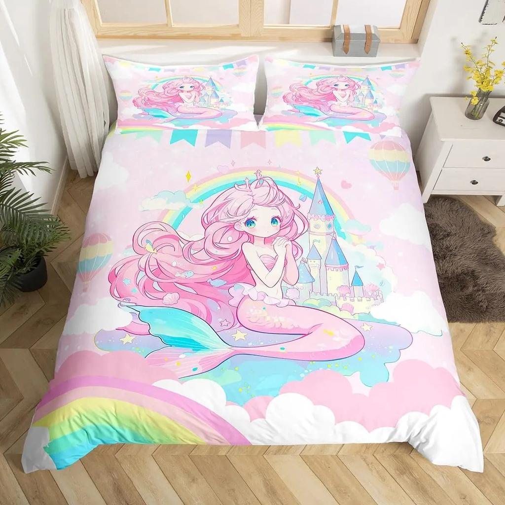 Rainbow Castle Duvet Cover King Queen Boys Girls Cartoon Girly Bedding Set Princess Castle Comforter Cover Bedroom Quilt Cover