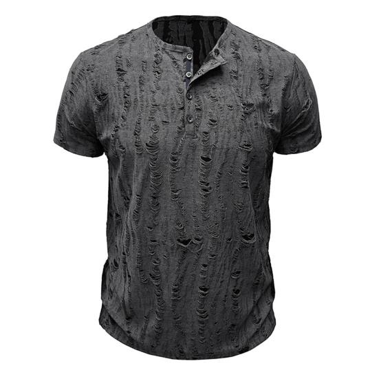 Summer Men Top Short Sleeves Round Neck Ripped Holes Buttons American Style Solid Color Shirt for Streetwear Daily Travel