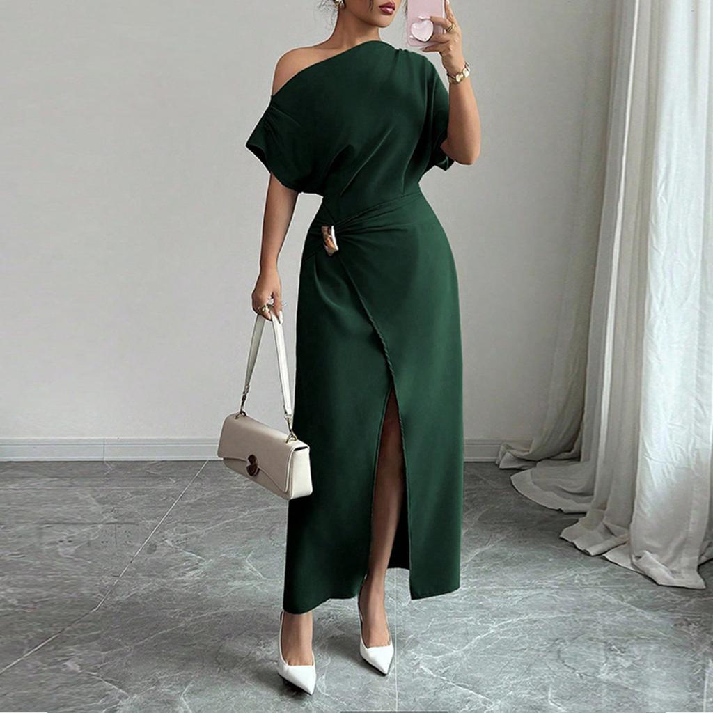 Women's Summer Fashion Color Off Shoulder Split Elegant Slimming Hip Hugging Dress