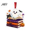 Holiday Party Decoration Halloween Reading Ghost Hanging Ornament, Acrylic Holding Book Pumpkin Festive Decorations Black Cat Mummy Decor, 2D Cartoon