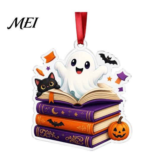 Holiday Party Decoration Halloween Reading Ghost Hanging Ornament, Acrylic Holding Book Pumpkin Festive Decorations Black Cat Mummy Decor, 2D Cartoon