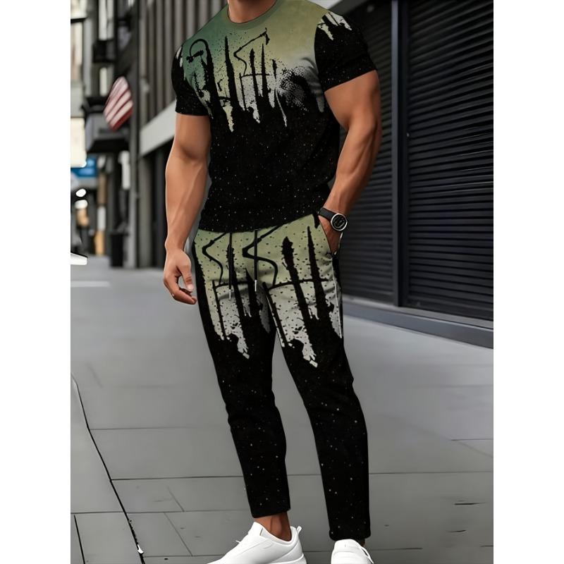 Fashion Trendy Print Men'S Athletic Suit Short Sleeve T-Shirt And Casual Long Pants Trendy Two-Piece