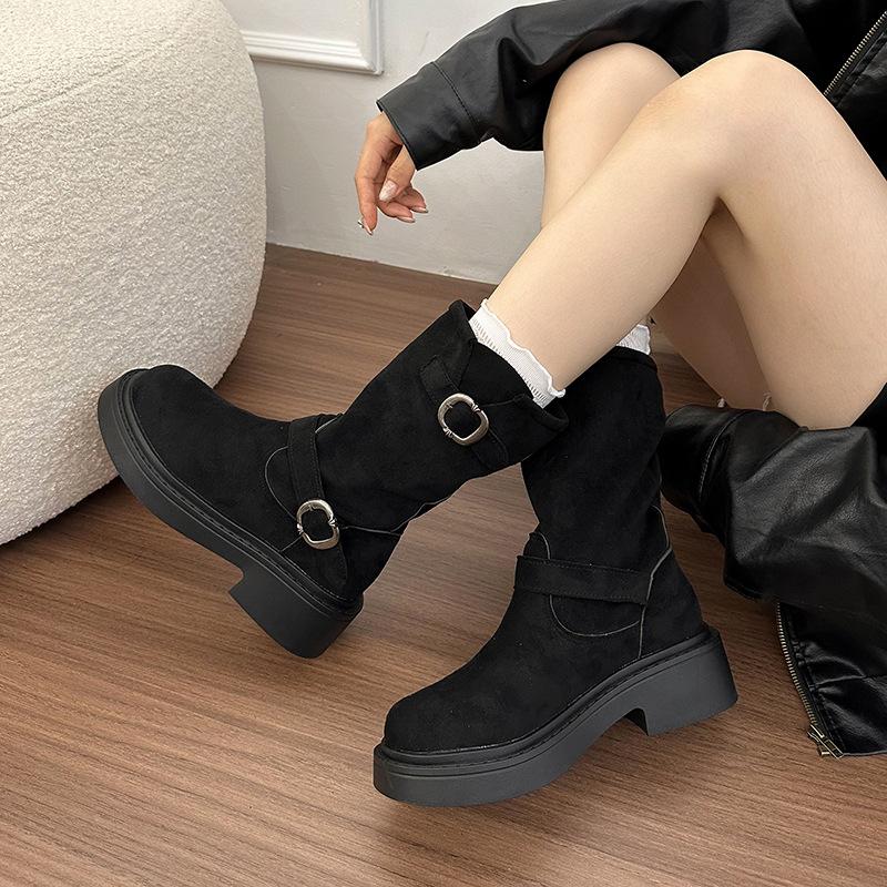 Leather~ inner heightening retro locomotive Martin boots women's autumn metal buckle rubbed thick heel thick bottom western pile short boots