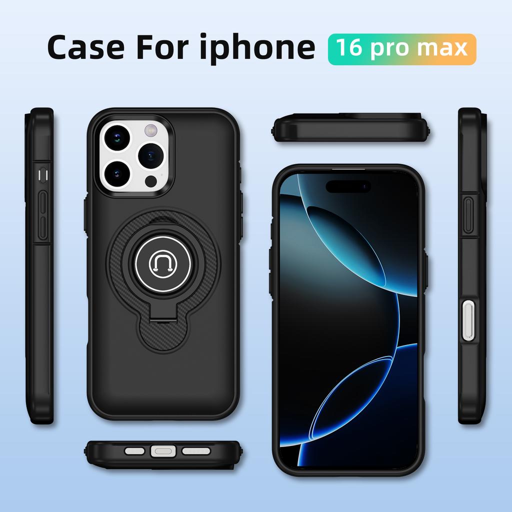 For iPhone 16 Pro Max Case TPU+PC Magnetic Car Mount Phone Cover with Ring Kickstand