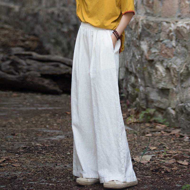Womens Linen Cotton Blend Wide Leg Pants Vintage Washed Relaxed Fit Casual Trousers