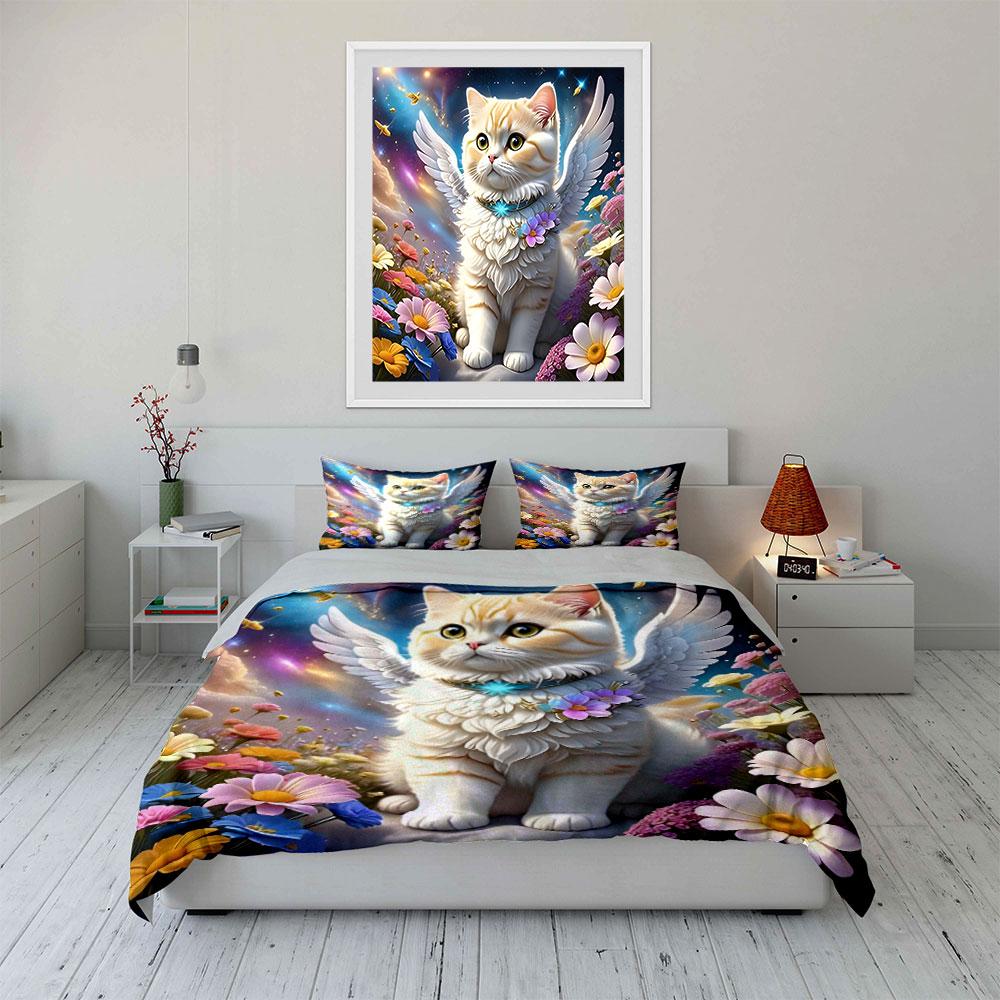 Angel Cat Three-Piece Fantasy Decor Exquisite Three-piece Bedding Set Gift for Kids and Adults