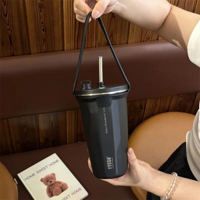 Stainless Steel Coffee Cups Vacuum Insulated Mugs Portable Large Capacity Ice Bar Thermal Cup with Silicone Rope Straw Water Cup