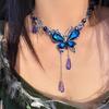 Super Fairy Retro Collarbone Chain, Blue Crystal Butterfly Tassel Light Luxury Personality Women Neck Chain