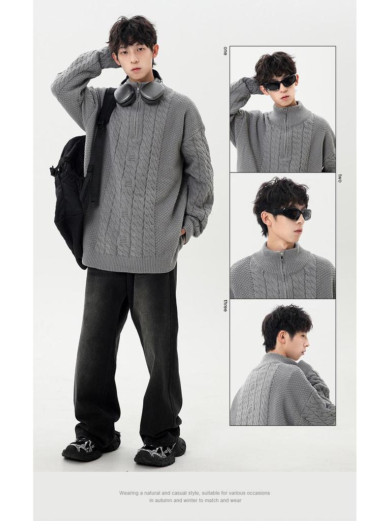 2026 Korean-Style Half-Zip Knit Sweater: Solid Color, Half-High Collar, Casual Autumn/Winter Youth Fashion.